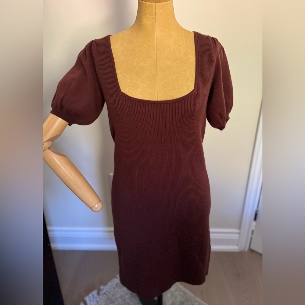NWT FRENCH CONNECTION Chocolate Ribbed Puff Sleeve Dress (M) - Picture 3 of 11